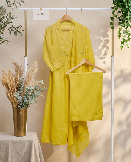 Anokhi Chaav — mustard cotton suit with butta prints and palazzo pants — Ivory Hues, Indian ethnic wear Singapore