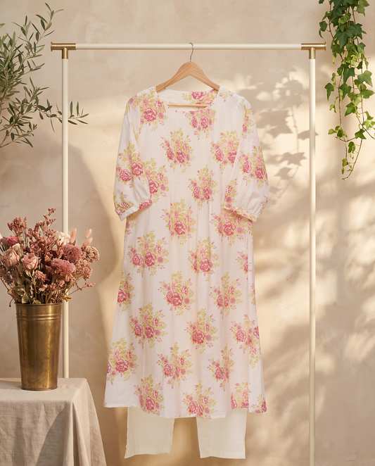Meher Gulnaar — cotton co-ord set with floral print and ruffled sleeves — Ivory Hues, Indian ethnic wear Singapore