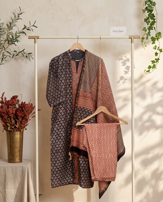 Raaga Bhairavi — red, black and gold Chanderi silk suit with handblock print — Ivory Hues, Indian ethnic wear Singapore