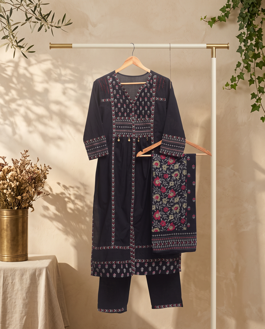 Anokhi Saanjh — black cotton suit with angrakha silhouette and handblock print — Ivory Hues, Indian ethnic wear Singapore