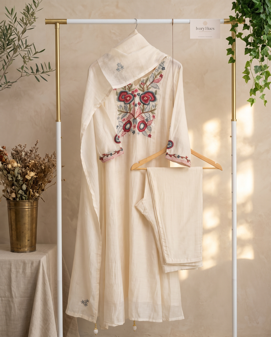 Noor Safa — off-white mul Chanderi suit with contrast embroidered neckline — Ivory Hues, Indian ethnic wear Singapore
