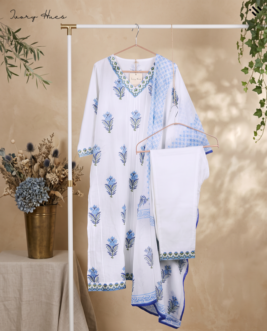 Malhar Rangrez — white cotton suit with blue and green handblock print — Ivory Hues, Indian ethnic wear Singapore