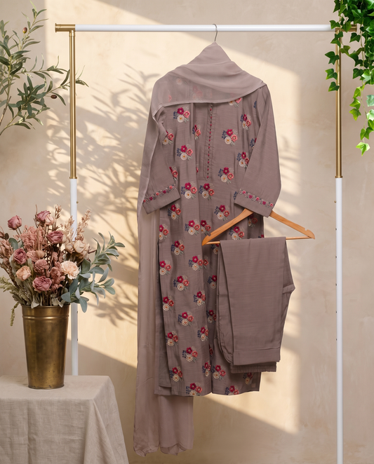 Noor Haya — stone grey raw silk suit with floral embroidery — Ivory Hues, Indian ethnic wear Singapore