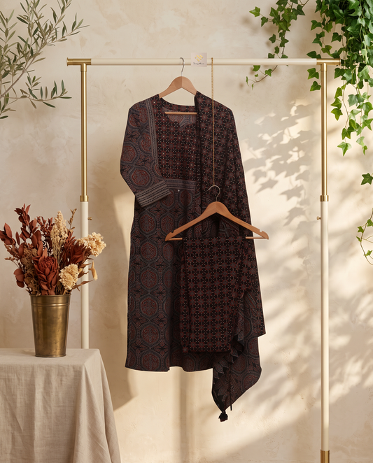 Sunehri Utsaah — black, white and maroon Bagru-print suit set — Ivory Hues, Indian ethnic wear Singapore