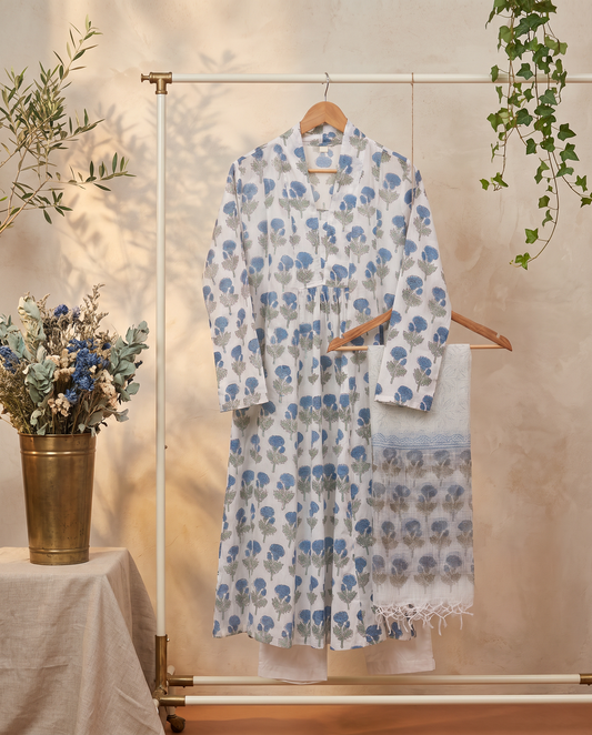 Malhar Saira — blue and white floral-print suit with sheer dupatta — Ivory Hues, Indian ethnic wear Singapore