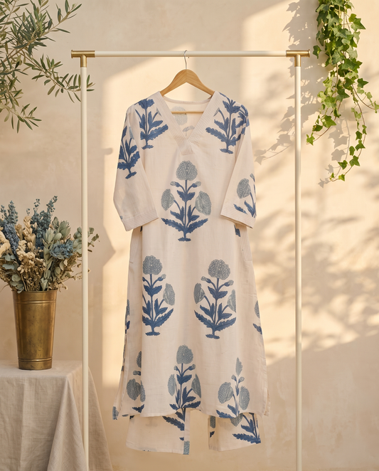 Meher Raina — off-white cotton-flax co-ord set with blue floral Mughal print — Ivory Hues, Indian ethnic wear Singapore