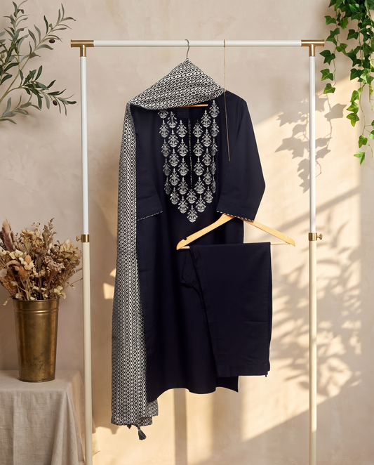 Anokhi Shobha — black and grey cotton suit with floral embroidered neckline — Ivory Hues, Indian ethnic wear Singapore
