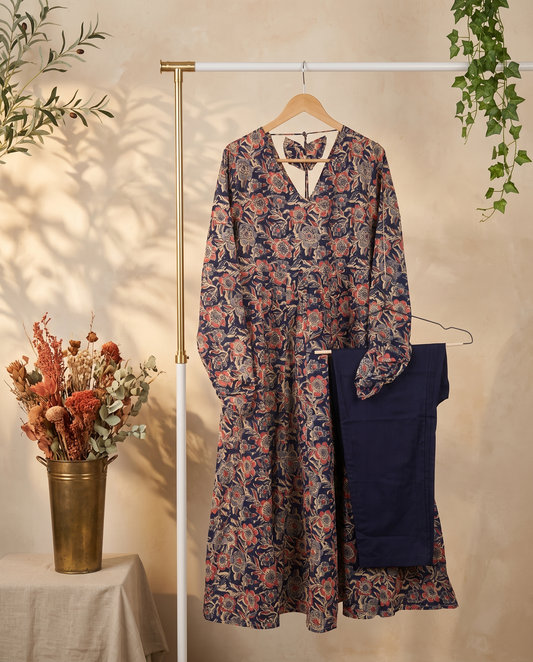 Sunehri Shabnam — Anarkali co-ord set with Kalamkari print and ruched sleeves — Ivory Hues, Indian ethnic wear Singapore