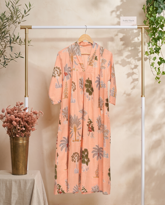 Fiza 2.0 Peach — peach breathable cotton dress, relaxed silhouette — Ivory Hues, Indian ethnic wear Singapore