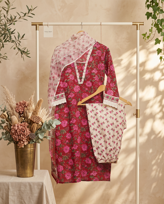 Kota Kainaat Noorani — red cotton suit with pink floral print and Kota Doria dupatta — Ivory Hues, Indian ethnic wear Singapore