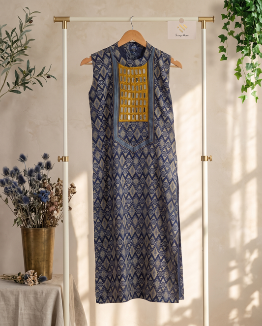 Gulmarg Tana — mustard yellow and navy blue kurti with mirror-work panel — Ivory Hues, Indian ethnic wear Singapore