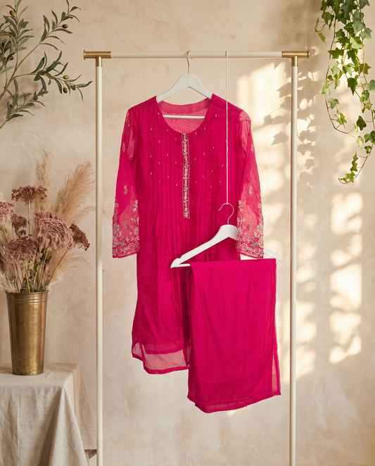 Noor Mahira — rani pink co-ord set with beadwork trim and palazzo pants — Ivory Hues, Indian ethnic wear Singapore
