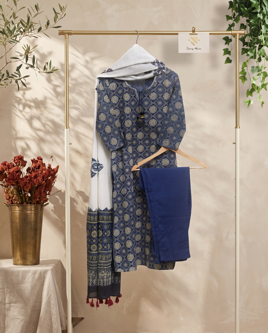 Sunehri Pal — blue and green Sanganeri-print suit with appliqued white dupatta — Ivory Hues, Indian ethnic wear Singapore
