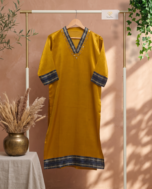 Gulmarg Tarang — yellow gajji silk kurti with mirror-work neckline — Ivory Hues, Indian ethnic wear Singapore
