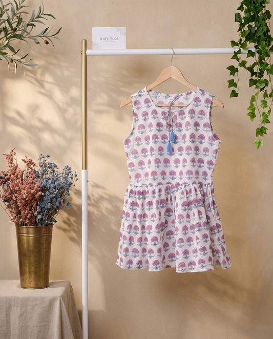 Indira Bahaar — white cotton peplum top with pink floral print — Ivory Hues, Indian ethnic wear Singapore