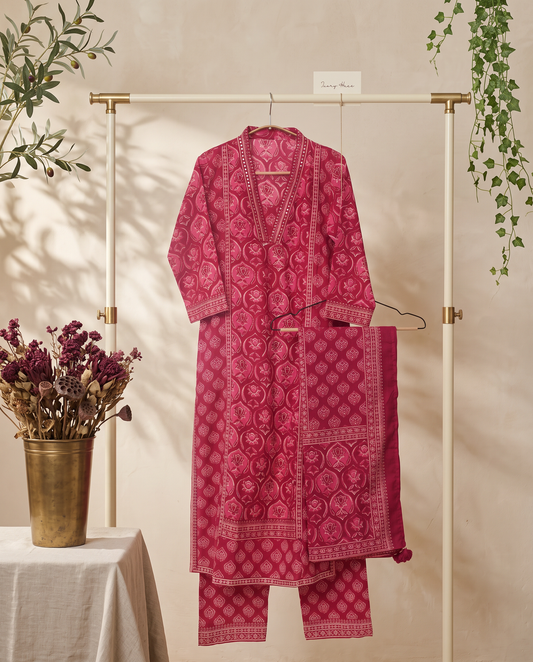 Anokhi Saaz — magenta suit with handblock-printed panels and V-neckline — Ivory Hues, Indian ethnic wear Singapore