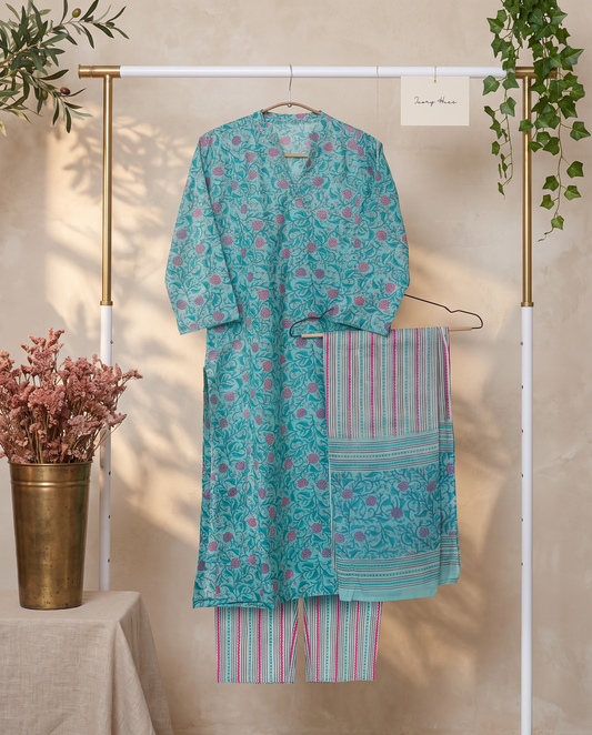 Anokhi Rupa — turquoise angrakha suit with floral handblock print — Ivory Hues, Indian ethnic wear Singapore