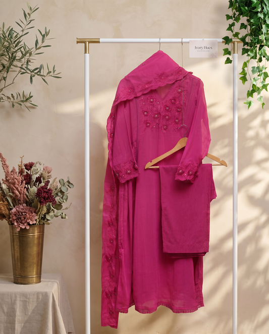 Anokhi Nazaakat — pink crinkle cotton suit with tone-on-tone floral embroidery — Ivory Hues, Indian ethnic wear Singapore