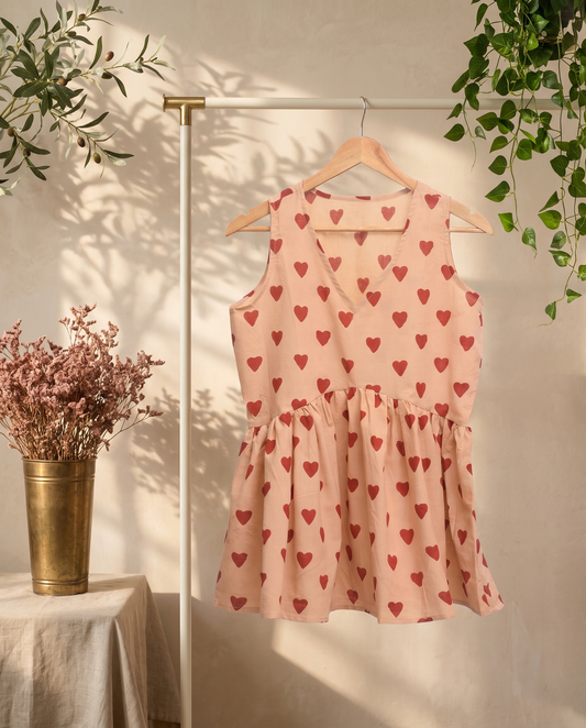 Indira Dilara — beige cotton peplum top with red heart print — Ivory Hues, Indian ethnic wear Singapore