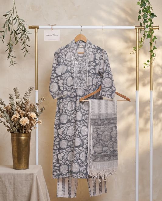 Anokhi Samaah — grey and white cotton suit with floral handblock print — Ivory Hues, Indian ethnic wear Singapore