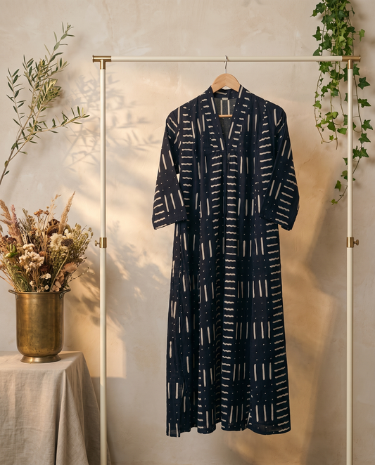 Fiza 3.0 Black — navy blue cotton dress with white dash-and-dot print — Ivory Hues, Indian ethnic wear Singapore