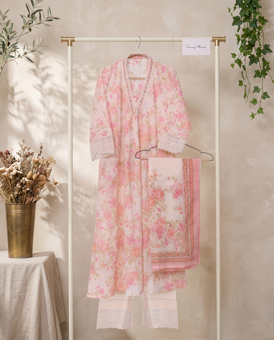 Anokhi Katha — off-white suit with pastel floral print and lace detailing — Ivory Hues, Indian ethnic wear Singapore