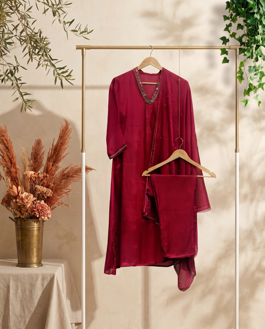 Noor Sindoor — rani pink chinnon suit with embroidered V-neckline — Ivory Hues, Indian ethnic wear Singapore