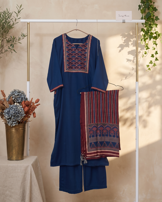 Anokhi Chamak — navy blue rayon suit with contrast embroidered patches — Ivory Hues, Indian ethnic wear Singapore