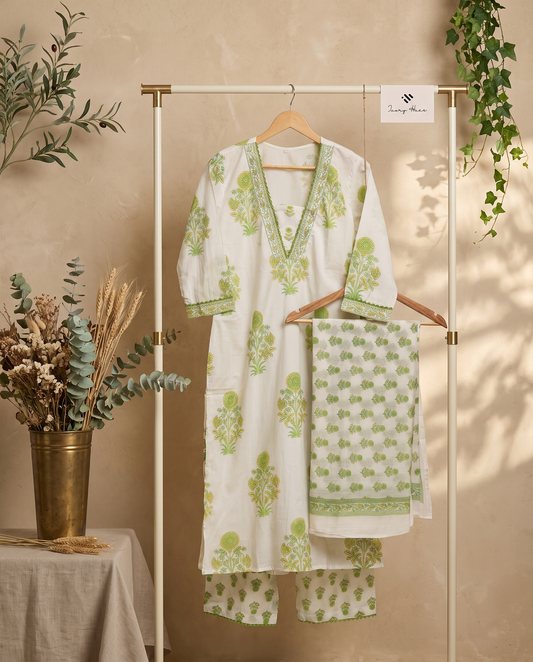 Malhar Shabnam — white and green cotton suit with Mughal handblock prints — Ivory Hues, Indian ethnic wear Singapore