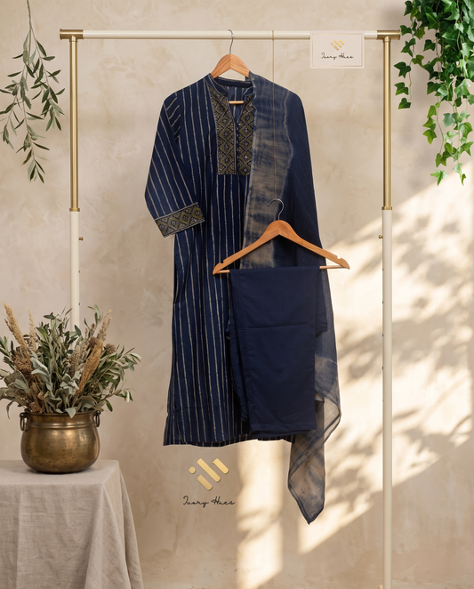 Anokhi Zariya — indigo striped cotton suit with Kota doria dupatta — Ivory Hues, Indian ethnic wear Singapore