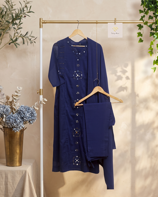 Anokhi Aaina — navy blue mul cotton suit with mirror and bead detailing — Ivory Hues, Indian ethnic wear Singapore