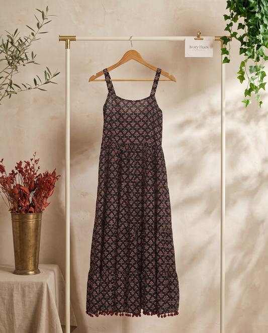 Leher Phool — black dress with rust floral block print and pom-poms — Ivory Hues, Indian ethnic wear Singapore