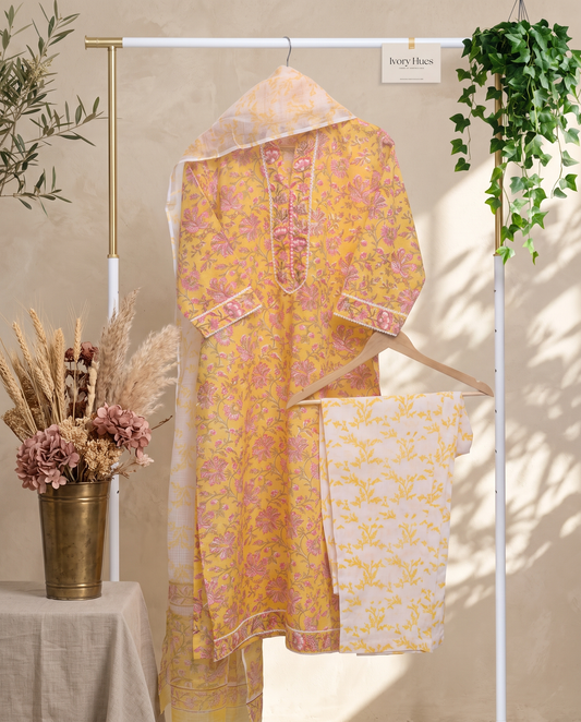 Anokhi Taal — yellow and pink cotton suit with floral handblock prints — Ivory Hues, Indian ethnic wear Singapore