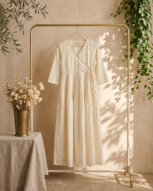 Chethi — off-white cotton Anarkali dress with gold butta print — Ivory Hues, Indian ethnic wear Singapore