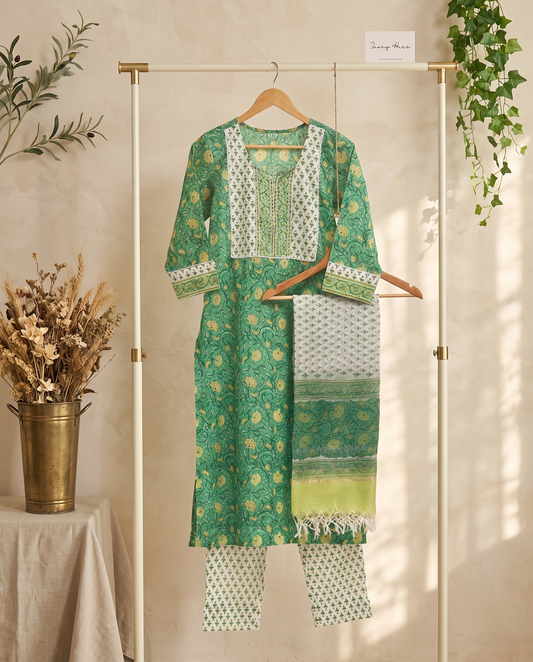 Kota Kainaat Sehr — parrot green Kota doria suit with handblock print — Ivory Hues, Indian ethnic wear Singapore