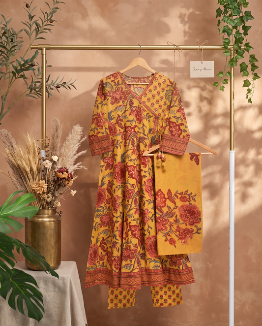 Anokhi Khwaab — mustard yellow cotton suit with handblock print and angrakha wrap — Ivory Hues, Indian ethnic wear Singapore