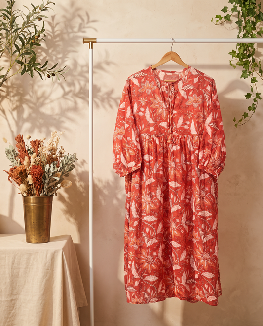 Leher Rangrez — red floral handblock-print dress with balloon sleeves — Ivory Hues, Indian ethnic wear Singapore