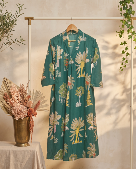Fiza 3.0 Light Green — emerald green tropical floral-print cotton dress — Ivory Hues, Indian ethnic wear Singapore