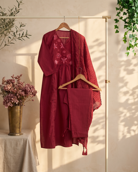 Anokhi Komal — strawberry pink Chanderi suit with angrakha-style threadwork — Ivory Hues, Indian ethnic wear Singapore