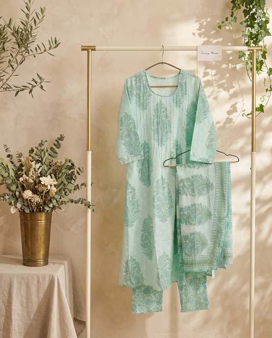 Anokhi Abha — powder blue suit with Mughal-inspired handblock print — Ivory Hues, Indian ethnic wear Singapore