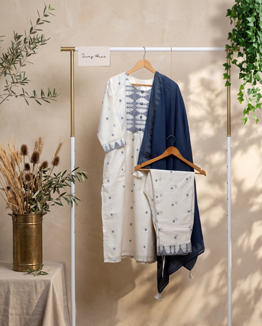 Malhar Resham — white and blue Jamdani suit with temple motif dupatta — Ivory Hues, Indian ethnic wear Singapore