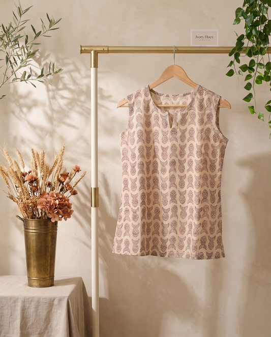 Indira Meenakshi — beige cotton top with fish print — Ivory Hues, Indian ethnic wear Singapore