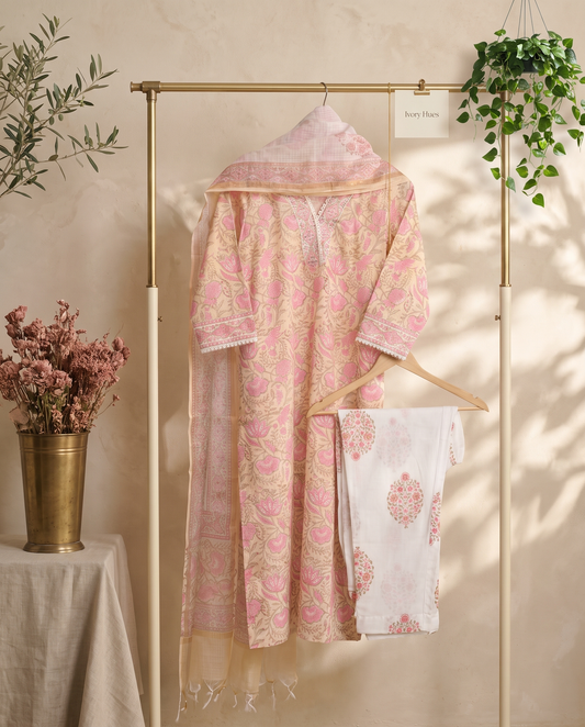 Anokhi Chahat — pink and peach cotton suit with floral handblock prints — Ivory Hues, Indian ethnic wear Singapore