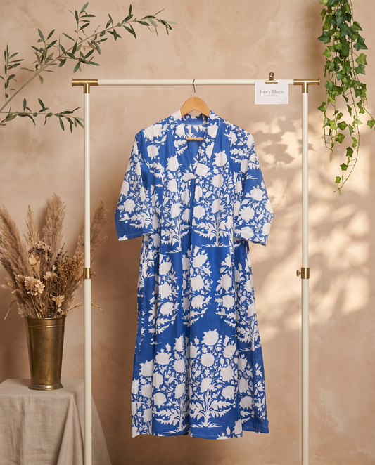 Fiza 2.0 Ink Blue — ink blue breathable cotton dress, relaxed silhouette — Ivory Hues, Indian ethnic wear Singapore