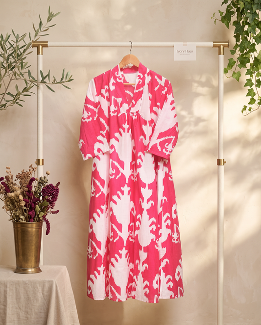 Fiza 2.0 Candy Pink — candy pink breathable cotton dress, relaxed silhouette — Ivory Hues, Indian ethnic wear Singapore