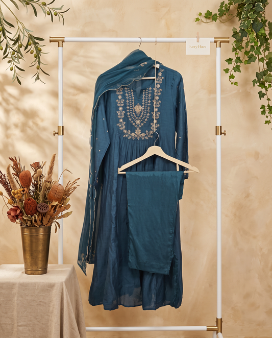 Noor Sama — teal blue mul Chanderi suit with gold embroidered neckline — Ivory Hues, Indian ethnic wear Singapore