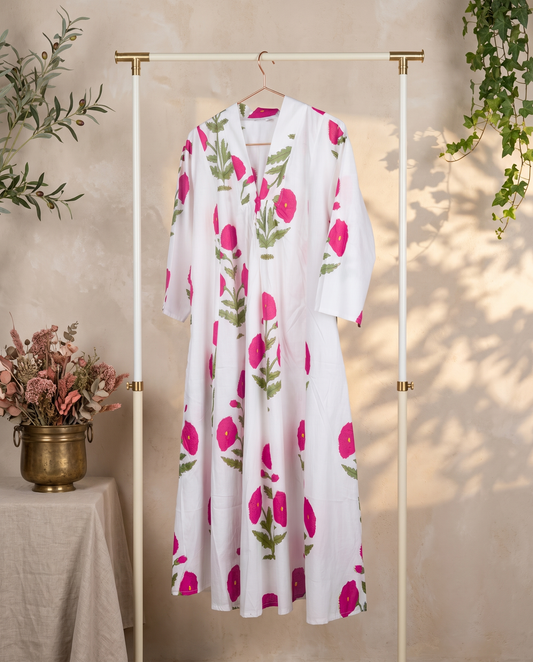 Fiza 3.0 Pink Poppy — pink poppy-print cotton dress with V-neckline and pockets — Ivory Hues, Indian ethnic wear Singapore