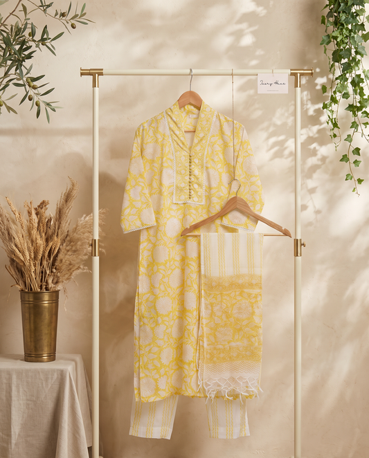 Anokhi Pranaah — yellow and white cotton suit with floral handblock print — Ivory Hues, Indian ethnic wear Singapore