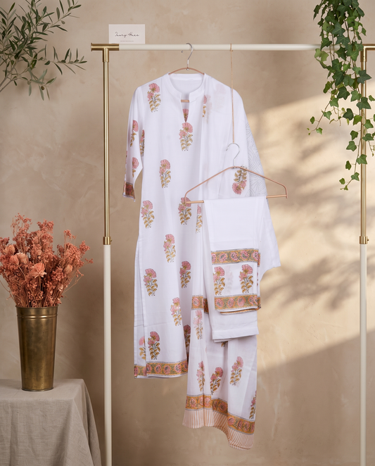 Malhar Roohani — white mulmul suit with handblock print — Ivory Hues, Indian ethnic wear Singapore