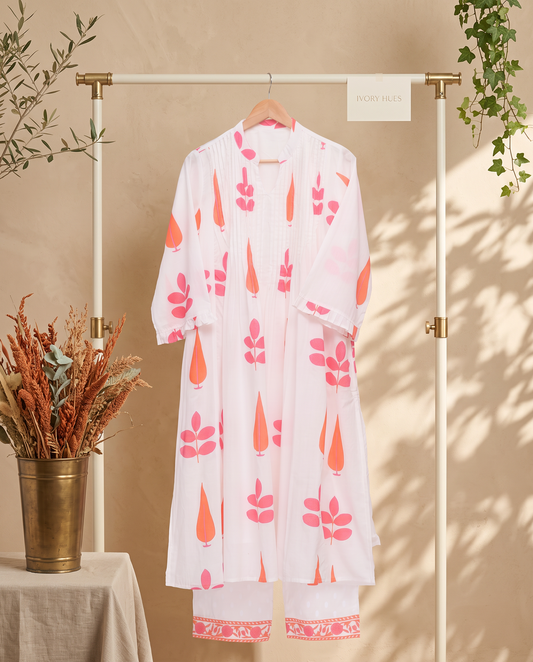 Meher Ambar — white cotton co-ord set with rust Mughal butta print — Ivory Hues, Indian ethnic wear Singapore